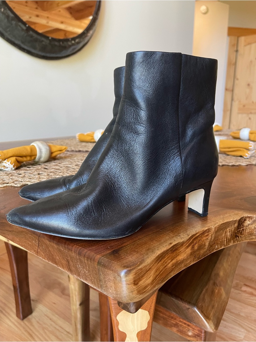 Andre Assous Black Leather Pointed Ankle Boots